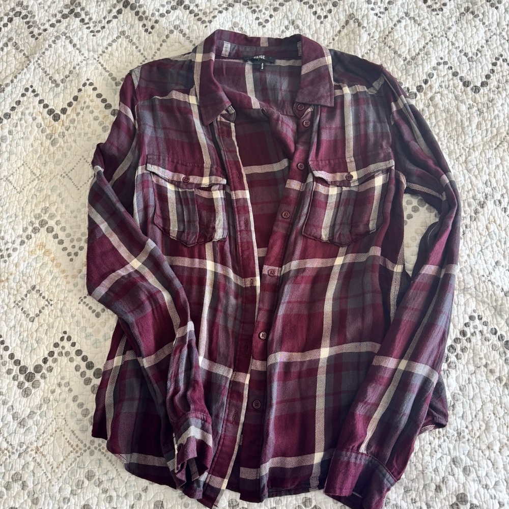 Paige Plaid Button-Down Shirt Eggplant, XS